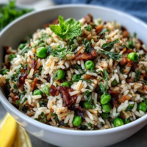 Vibrant Spring Pea and Mint Rice Pilaf with fresh peas, mint, and lemon zest, a fragrant vegetarian side dish for spring meals.