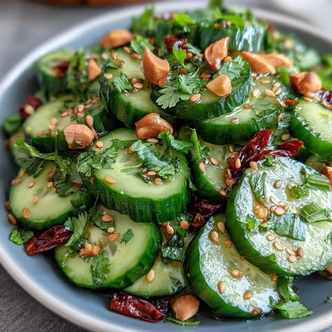 Light and tangy Asian Cucumber Salad with Sesame and Rice Vinegar, featuring thinly sliced cucumbers and a flavorful rice vinegar dressing.