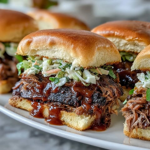 Juicy BBQ brisket sliders stacked high with smoky meat and creamy coleslaw on soft slider buns.  