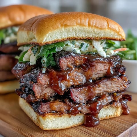 Tender slow-cooked brisket piled onto slider buns, topped with tangy BBQ sauce and crunchy slaw for a party-ready bite.  