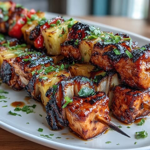 Grilled Pineapple Chicken Skewers with juicy chicken and caramelized pineapple on a skewer.