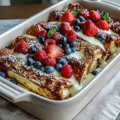 A warm, comforting casserole featuring layers of fluffy pancakes, fresh berries, and a creamy custard—perfect for celebrating a special Mothers Day brunch.  