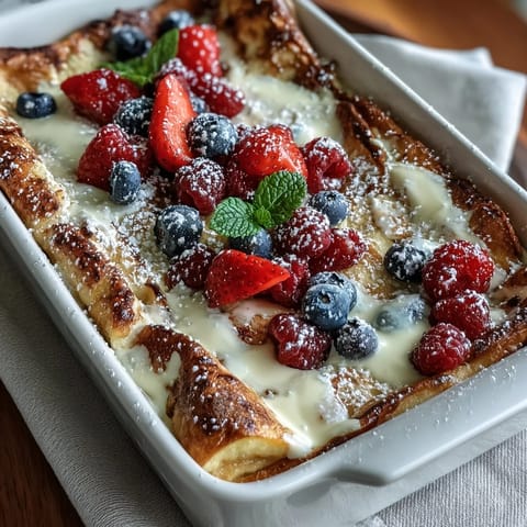 Fluffy pancake casserole baked with fresh berries, creamy custard, and a hint of vanilla—an easy, comforting dish for Mothers Day brunch.  