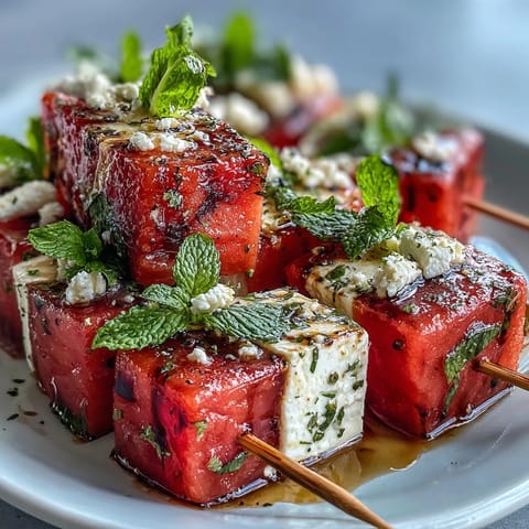 Juicy watermelon cubes and creamy feta cheese with fresh mint on skewers, drizzled with olive oil and balsamic glaze.  