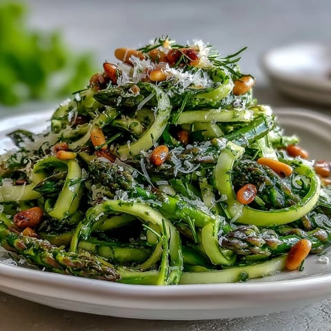 Bright green asparagus ribbons with lemon zest and shaved Parmesan, a light Mediterranean salad perfect for spring dining.  