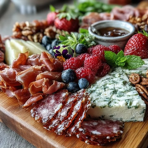 Vibrant spring charcuterie board with edible flowers, fresh fruits, and cured meats arranged for a festive appetizer.