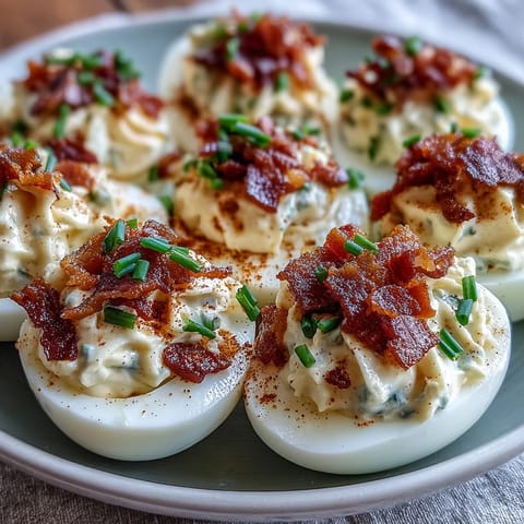 Crispy bacon and creamy ranch filling in classic deviled eggs, garnished with fresh chives and paprika for a savory Easter appetizer.