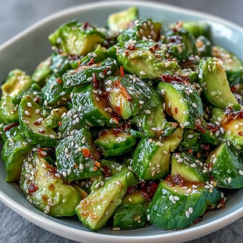 Crisp smashed cucumber avocado salad, a delightful side dish with nutty sesame.