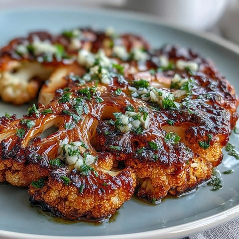 Smoky BBQ cauliflower steaks with bright, fresh chimichurri piled high.