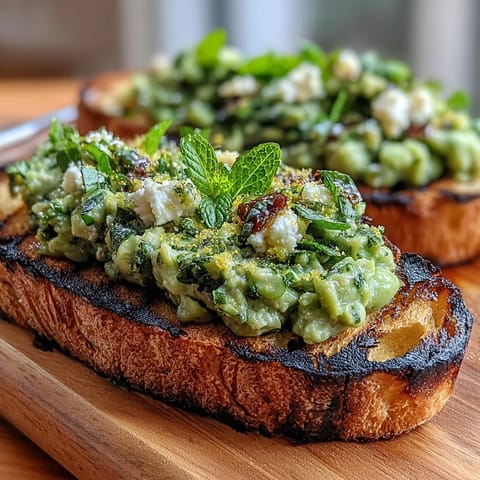 Vibrant fava bean and mint bruschetta topping glistening on grilled sourdough.