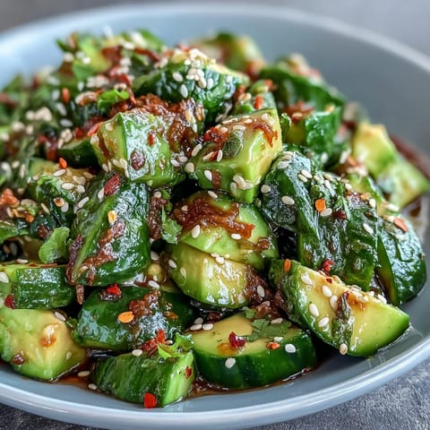 Bright Smashed Cucumber and Avocado Salad with sesame, vibrant and fresh for lunch.