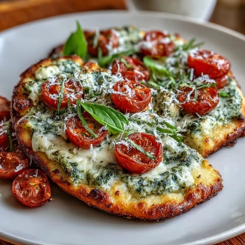 Viral cottage cheese flatbread with pesto, tomato, and fresh basil.