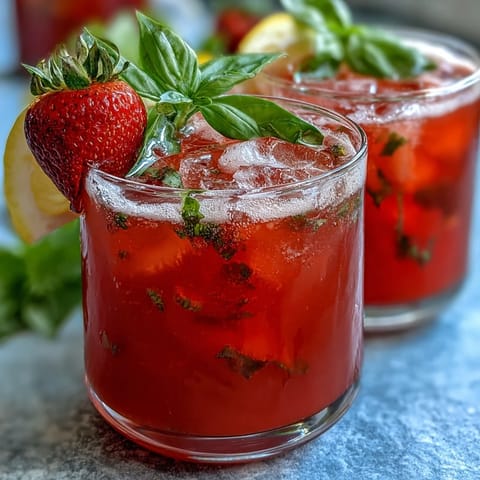 Beautiful Strawberry Basil Lemonade Pitcher, a party-ready summer thirst quencher.