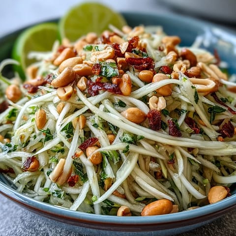 Freshly prepared Som Tam salad glistening with tangy lime dressing and crunchy peanuts.