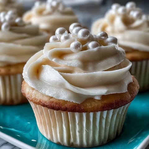 Delicate vanilla cupcakes for Cancer birthdays, adorned with shimmering pearl fondant details.