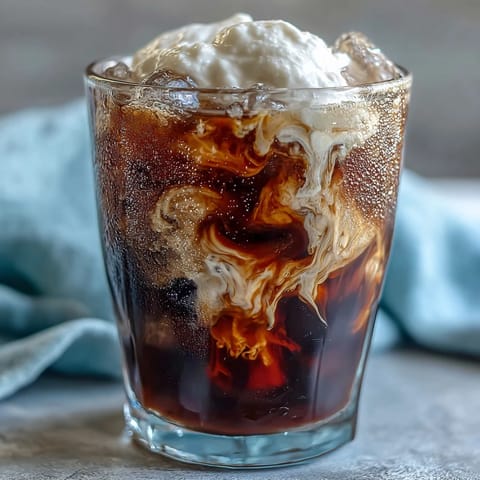 A refreshing glass of cold brew coffee cascading with dreamy vanilla sweet cream.