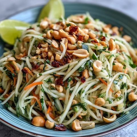 Vibrant healthy Thai Papaya Salad with peanuts, lime, and chili; a spicy tangy feast.