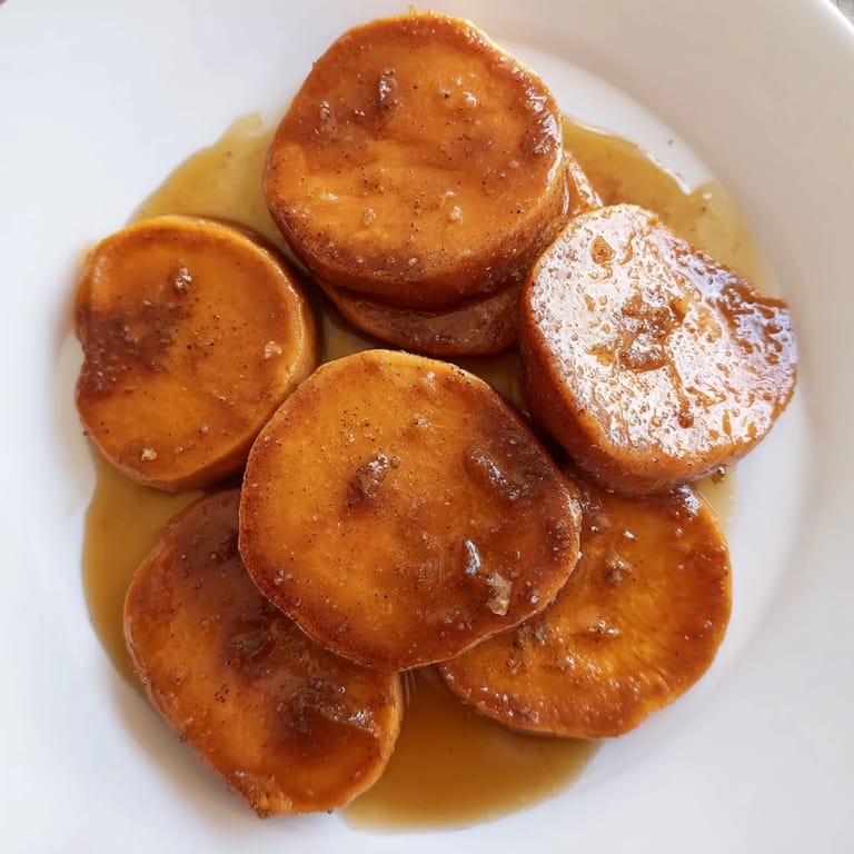 Close-up of baked candied yams, featuring tender sweet potatoes glistening in a rich brown sugar sauce.
