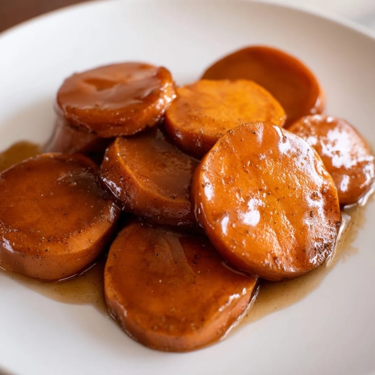 Warm holiday spread includes a bubbly dish of candied yams, served with optional chopped pecans.