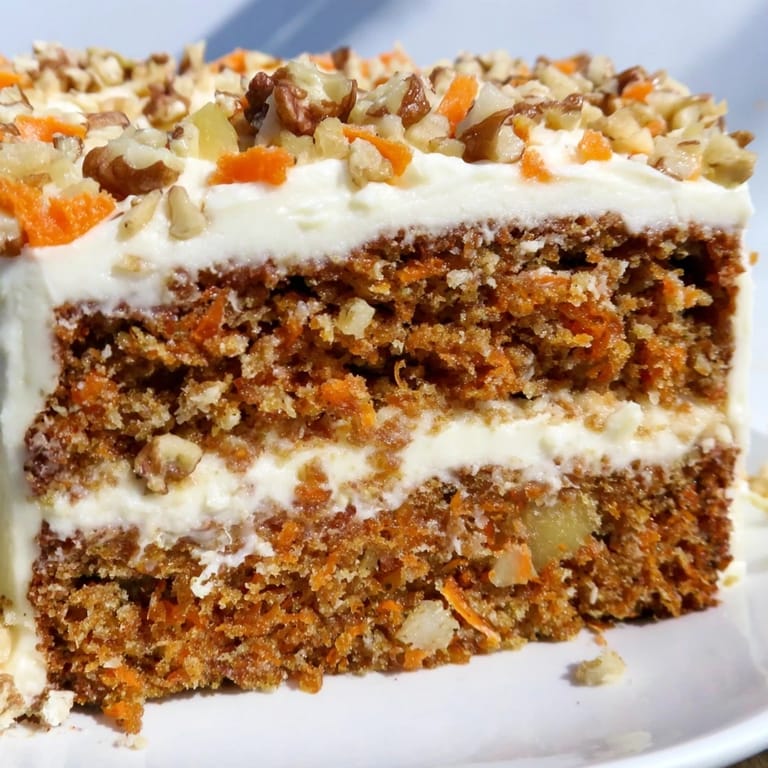 Close-up shot shows a fluffy, spiced carrot cake, topped with a generous swirl of frosting.