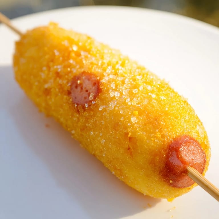 A delicious close-up of a corn dog, showing the sweet, crunchy batter coating a juicy hot dog.