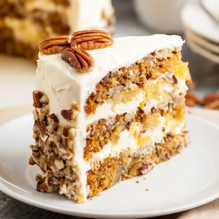 Golden, baked Hummingbird Cake glistening, showcasing pineapple chunks and toasted pecans in a textured dessert.