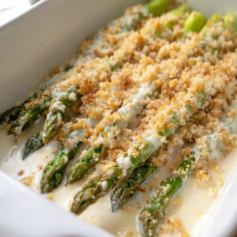 A bubbling, cheesy Asparagus Casserole showcases a comforting, family-favorite side or vegetarian meal.