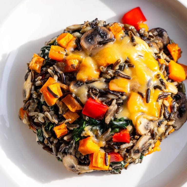 A comforting close-up shows the colorful ingredients of wild rice casserole, perfect for a cozy supper.