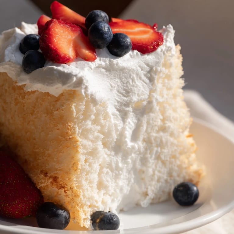 A slice of homemade angel food cake, airy and light, looks delicious beside a glass of bubbly wine.