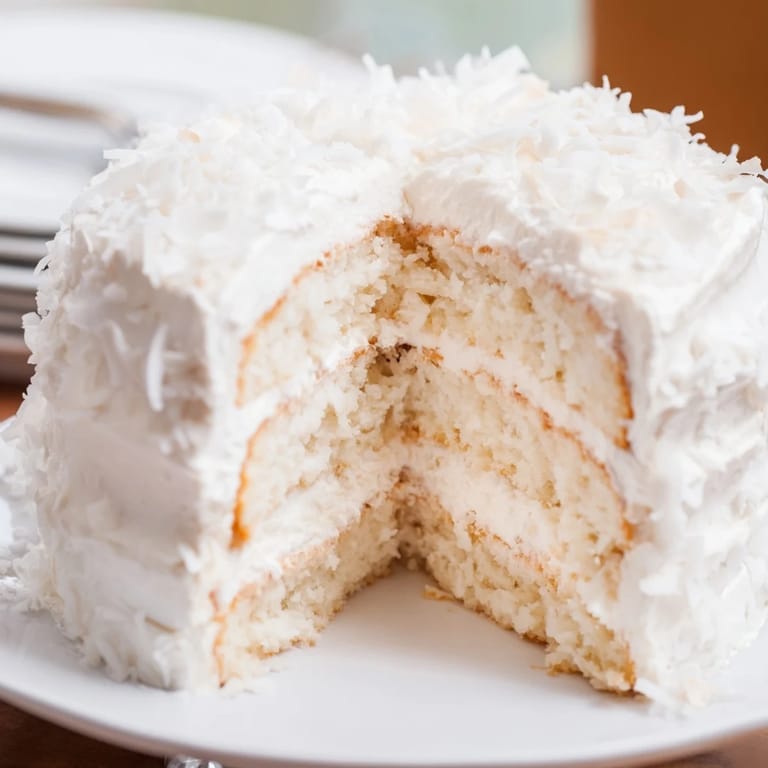 A freshly baked Coconut Cake, layered with creamy coconut filling and fluffy frosting for dessert.