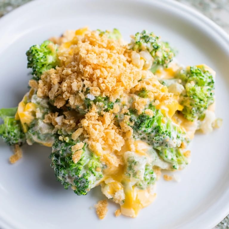 Close-up of a bubbling, cheesy Broccoli Casserole, showing golden topping, perfect for a cozy meal.