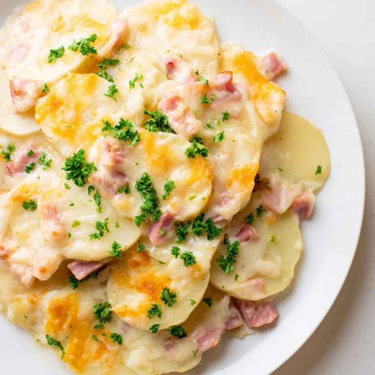 A close-up of cheesy Scalloped Potatoes with Ham, showing tender potato layers and crispy, golden topping.