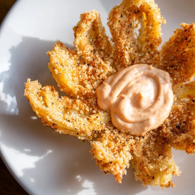 These perfectly fried onion petals, a delicious American appetizer, are served with a fiery dipping sauce.