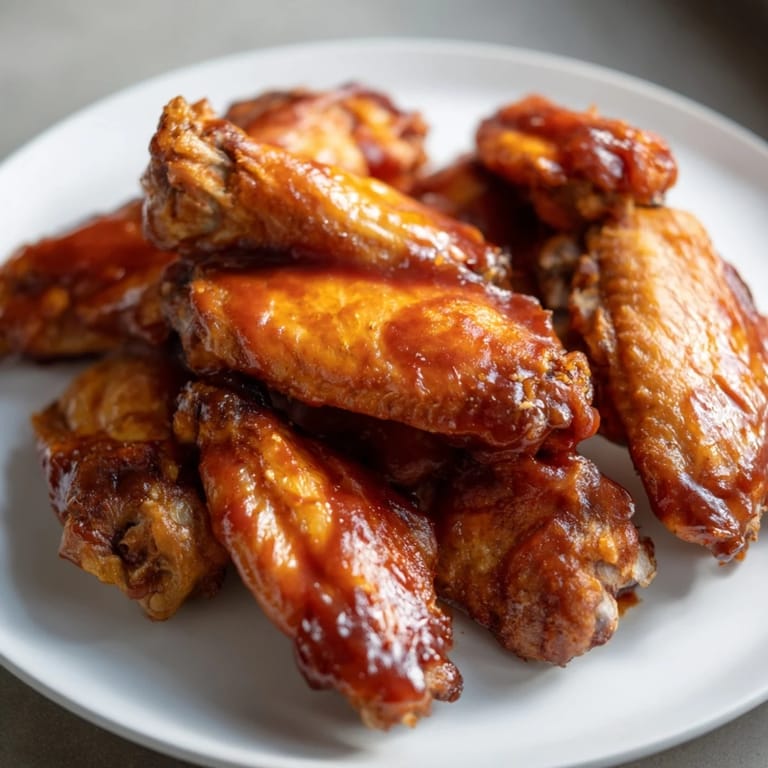 Close-up of sticky Honey BBQ Chicken Wings, perfectly sauced and presented on a plate.