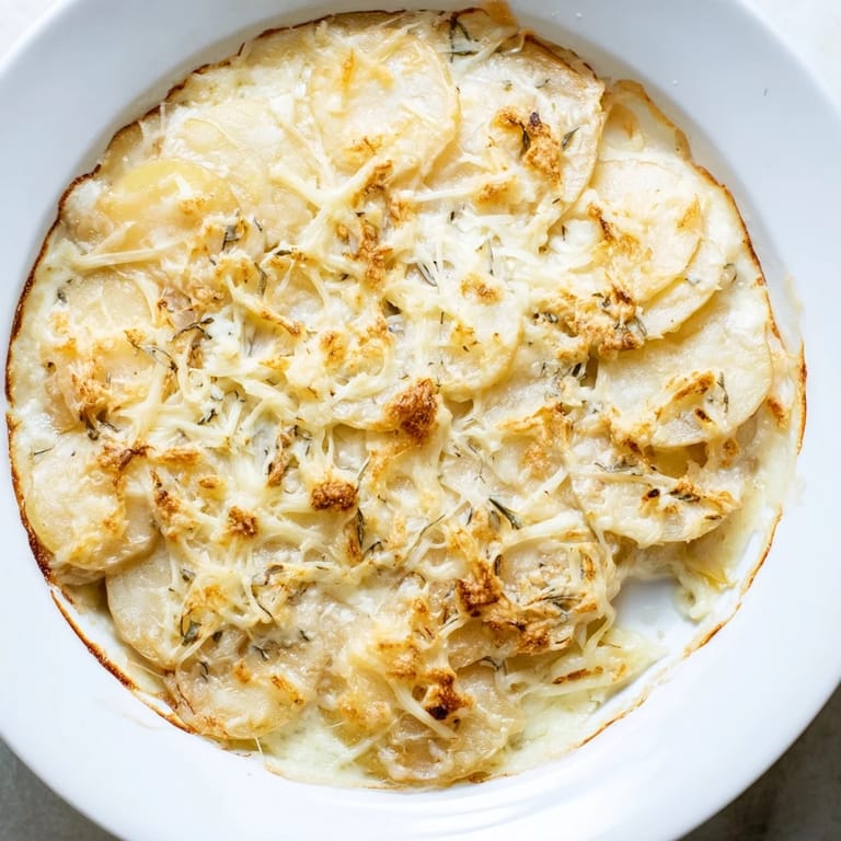 A close-up view of layered Au Gratin Potatoes, showing melted cheese and tender potato slices.