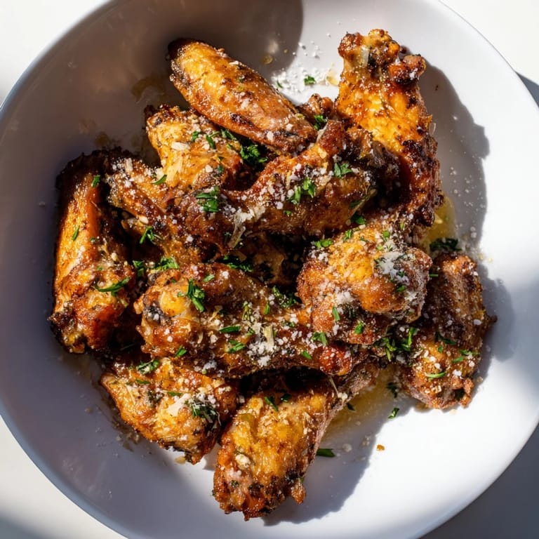 A platter of flavorful Garlic Parmesan Wings, coated in garlic butter sauce and fresh parsley garnish.
