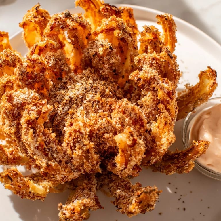 This delicious, crispy Blooming Onion is ready, smelling of savory spices, served hot and inviting.