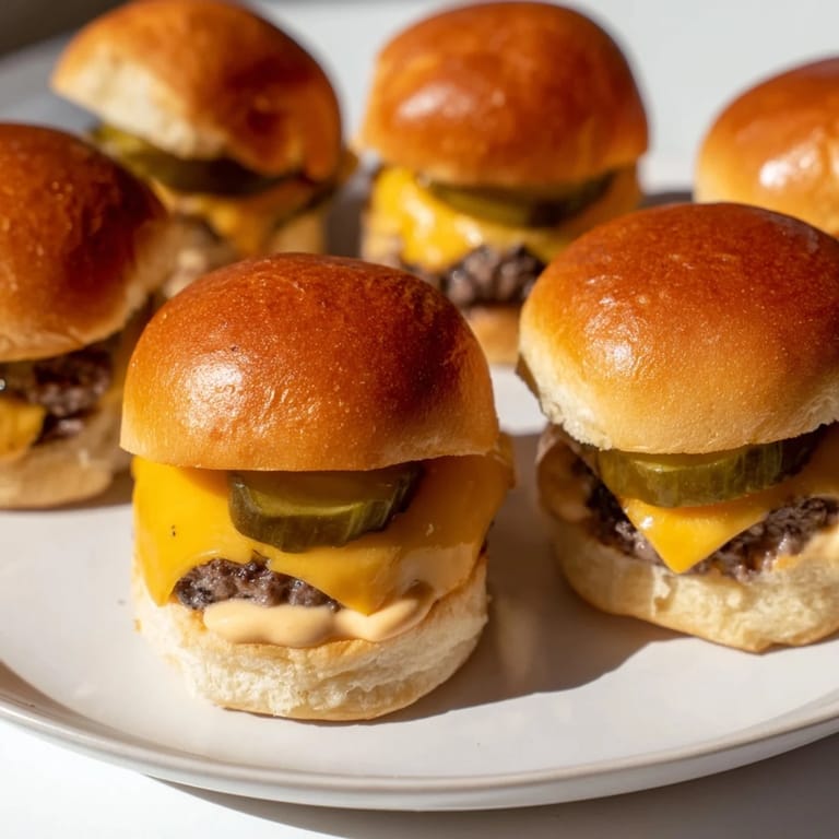 Golden, toasted slider buns sandwiching flavorful mini hamburger patties with fresh toppings.