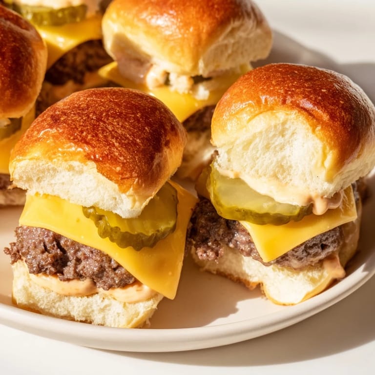 Close-up of delicious sliders – mini hamburgers, piled high with melted cheese and delicious toppings.