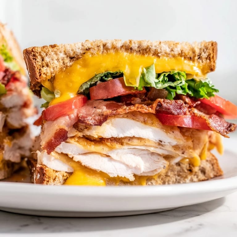 Stacked turkey club grilled cheese with melted cheese, bacon, and fresh veggies on buttery sourdough.