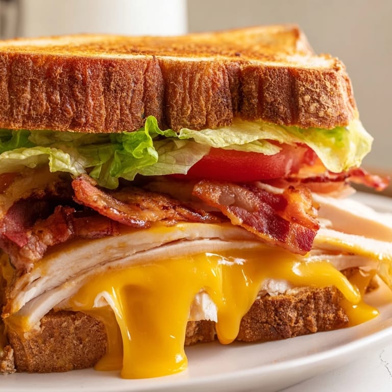 Toasted turkey club grilled cheese sliced to show layers of turkey, bacon, lettuce, and tomato.