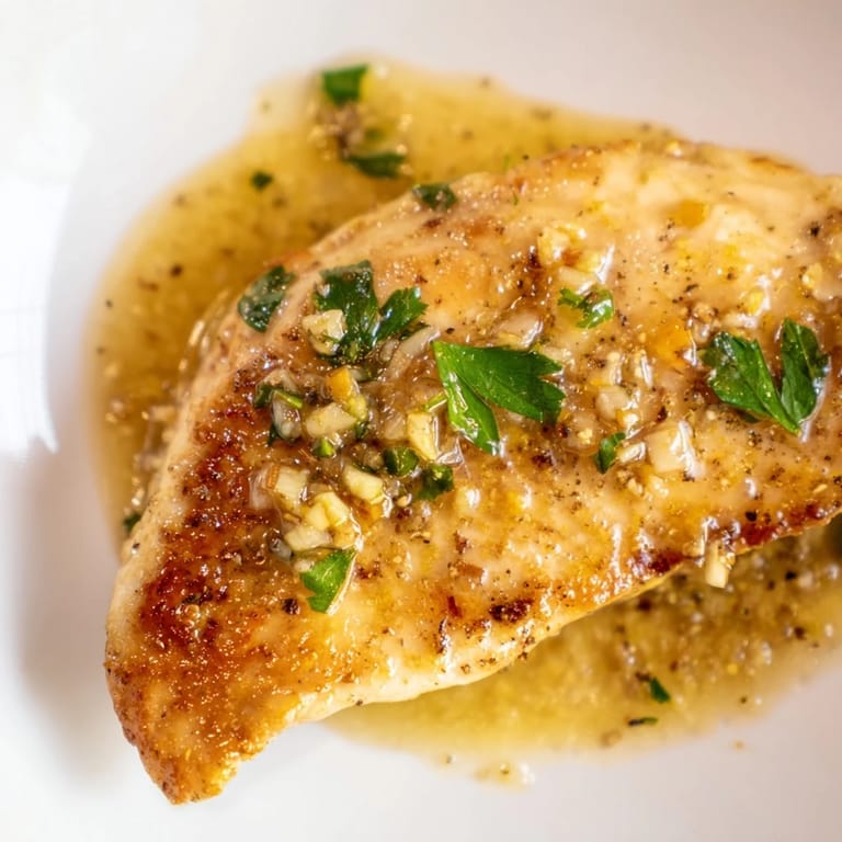 Juicy Lemon Pepper Chicken breasts coated in a bright lemon butter sauce, garnished with fresh parsley and served alongside a crisp green salad.