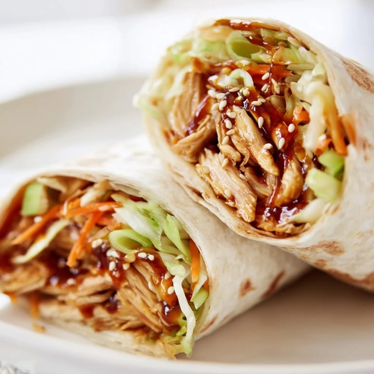 Freshly rolled teriyaki chicken wrap with crisp cabbage and carrots, perfect for a quick weeknight dinner.