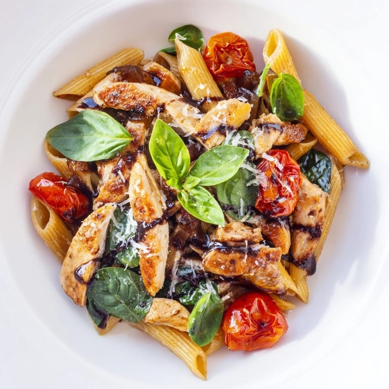 Close-up view of sizzling Balsamic Glazed Chicken Pasta in a skillet, highlighting the thick balsamic reduction glaze coating the chicken and glossy pasta, with a hint of steam rising.