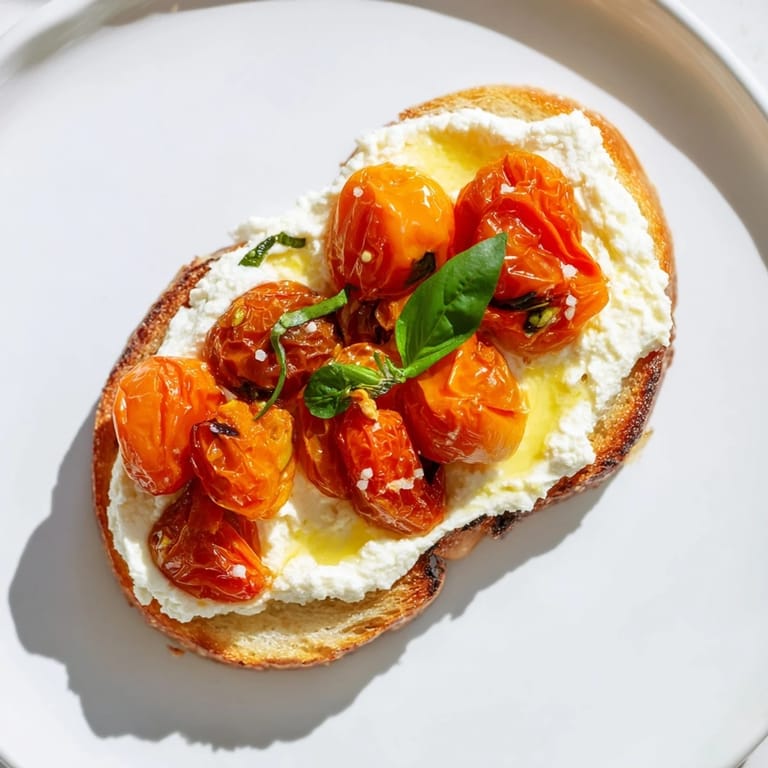 Close-up of warm roasted tomatoes and smooth ricotta on toasted bread, highlighting the textures and colors of this vegetarian snack.