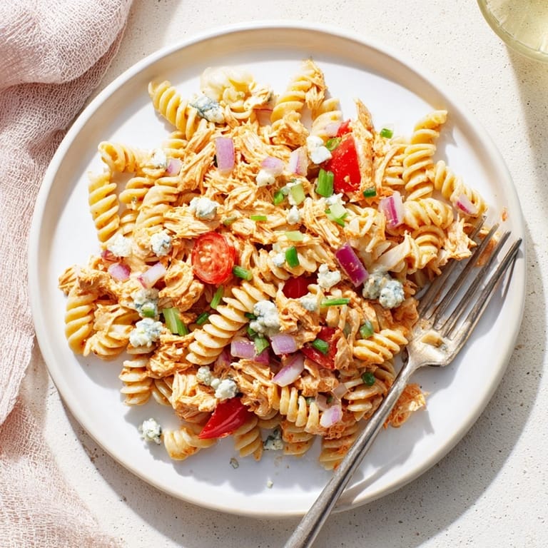 Close-up of Buffalo Chicken Pasta Salad showing shredded chicken, rotini pasta, and colorful vegetables in a creamy dressing.