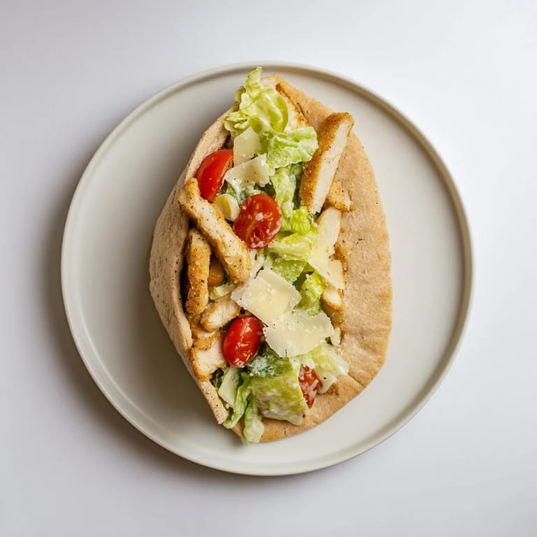 Tender herbed chicken Caesar pitas arranged on a plate, garnished with shaved Parmesan and lemon wedges for a bright, tangy finish.