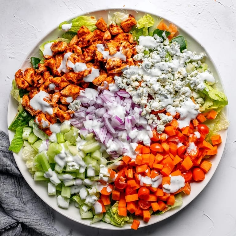 Buffalo Chicken Chopped Salad sits in a rustic bowl, drizzled with ranch and topped with vibrant shredded carrots.