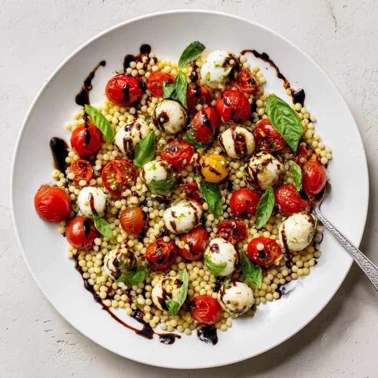 Fluffy Caprese Couscous Salad tossed with cherry tomatoes, mozzarella pearls, and basil, finished with olive oil.