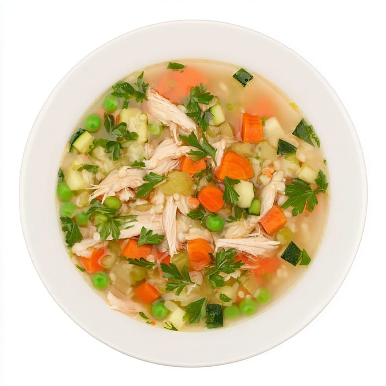 Spring Garden Chicken Soup in a rustic ceramic bowl features shredded chicken, carrots, zucchini, and peas swimming in clear broth.